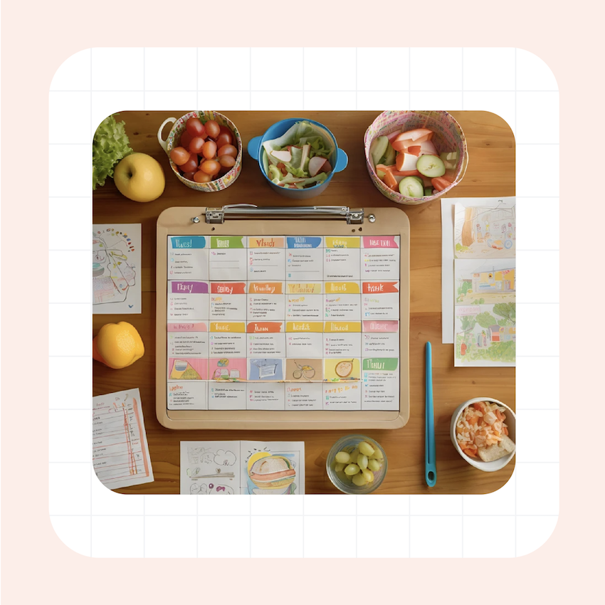 A weekly lunch plan calendar showing healthy meal options for each school day